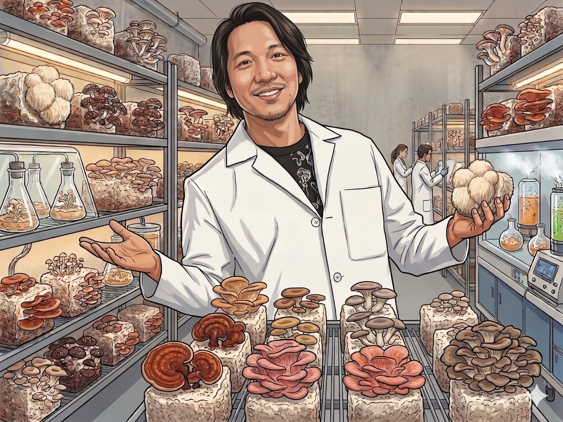 Highpy founder Chaz Hing in the Massachusetts mushroom lab